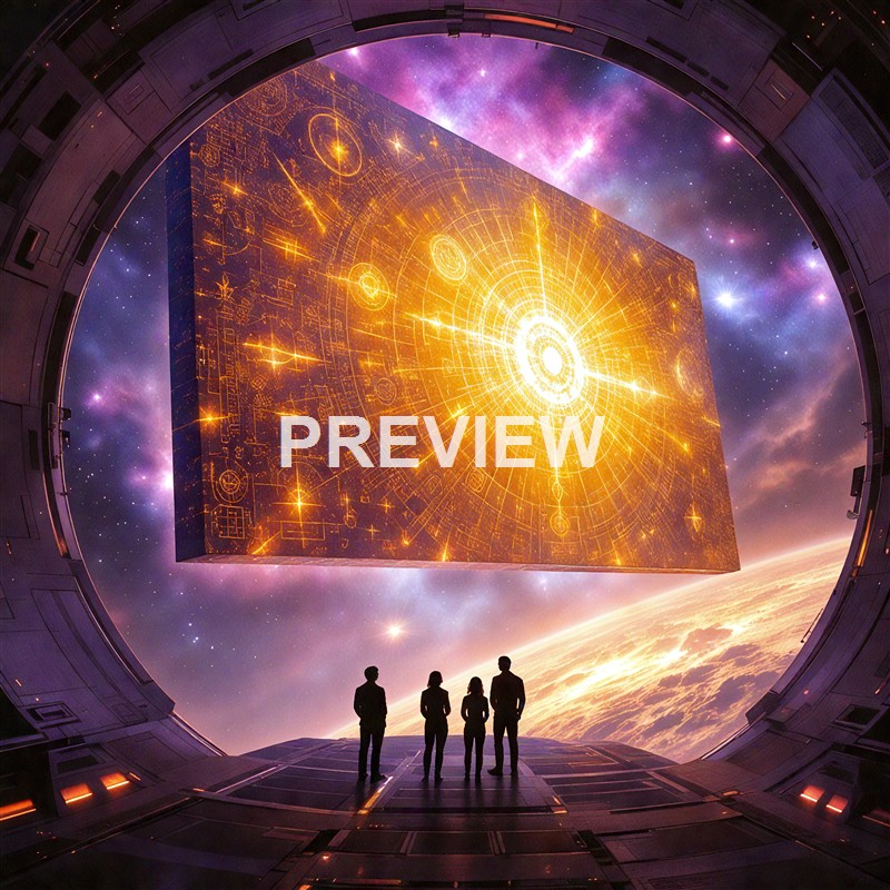 Four silhouetted people stand inside a futuristic, circular observation area gazing at a large, glowing, golden cube with intricate patterns floating in space against a backdrop of stars and a planet's atmosphere.